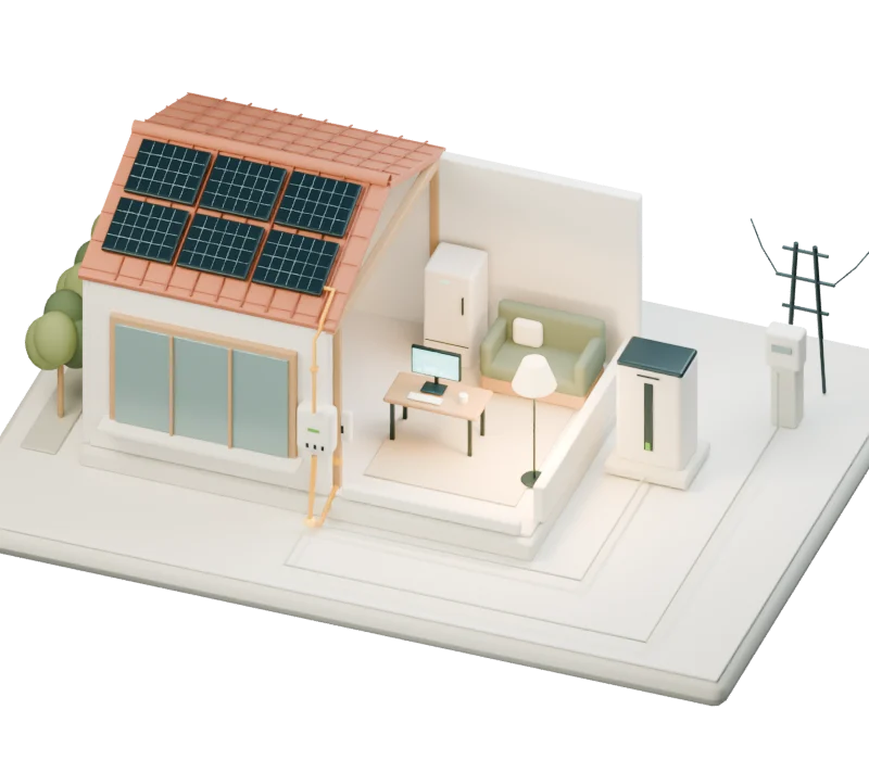 O interior da mesma casa, com o percurso da energia solar até aos equipamentos em uso.