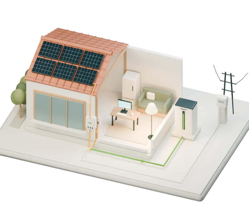 A casa continua a consumir energia solar enquanto um segundo percurso carrega a bateria.