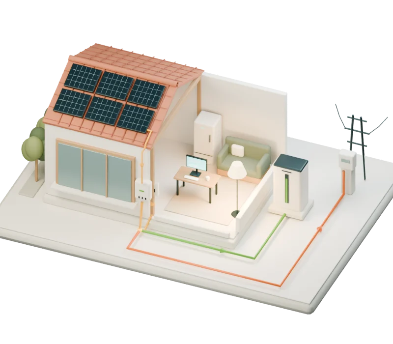 O consumo da casa mantém-se e o excedente solar segue para a ligação à rede elétrica.