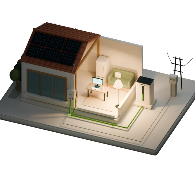 A mesma casa ao entardecer, com iluminação interior e energia da bateria; a rede continua disponível.